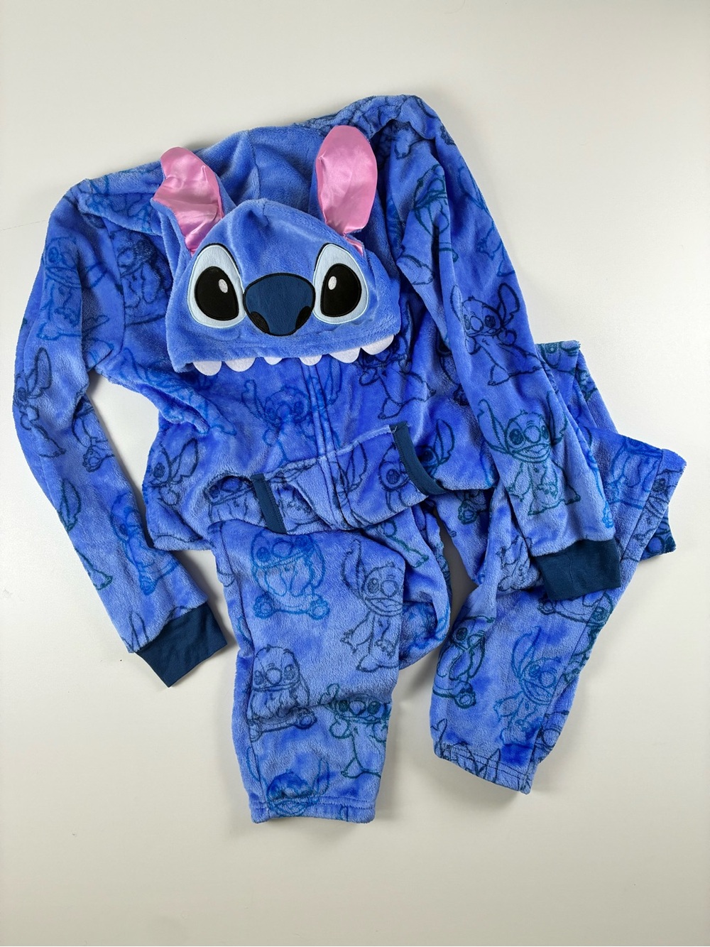 Disney Blue Stitch Hooded Fleece One-Piece Bodysuit Pajamas or Halloween Costume